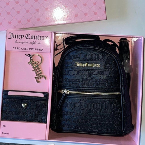 JUICY COUTURE Black Logo Backpack Cardcase Gold Keychain Boxed Gift Set - Picture 3 of 13